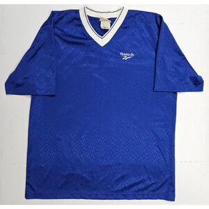 Vintage Reebok Shirt Mens XL Blue Tiger Zig Zag Pattern Short Sleeve V Neck